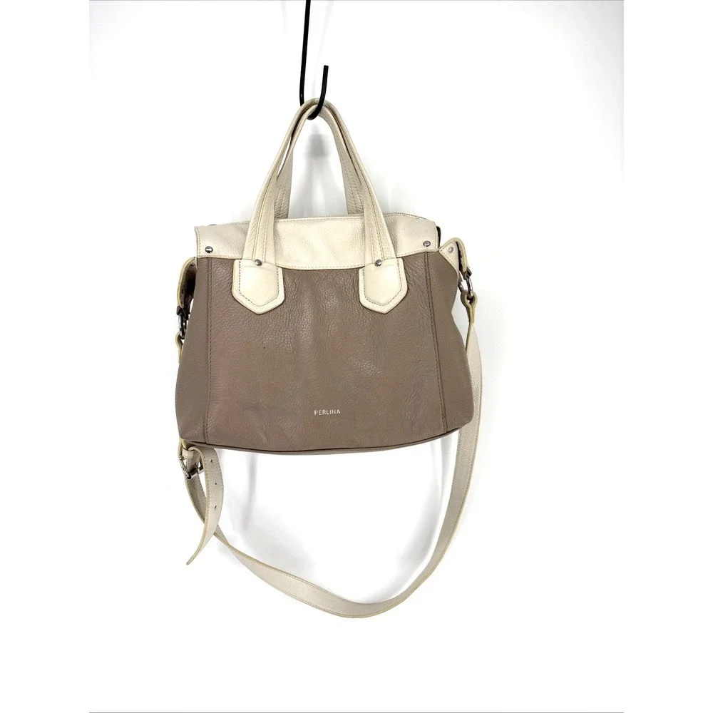 Perlina Emma Two Handle Crossbody Bag Genuine Leather Satchel Ivory/Tan